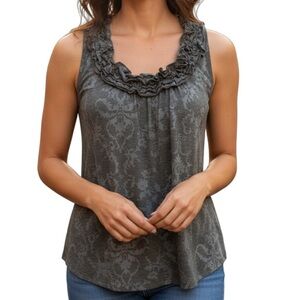 Testement Gray Sleeveless Ruffle Neckline Top | Size XL